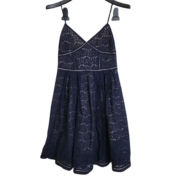 Joie Solandra Navy Blue Cream Lace Spaghetti Strap A Line Fit Flare Dress Size 0 - Picture 2 of 5